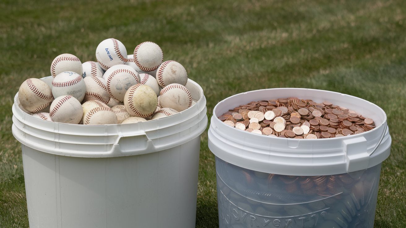 buckets filled with baseballs and quarters