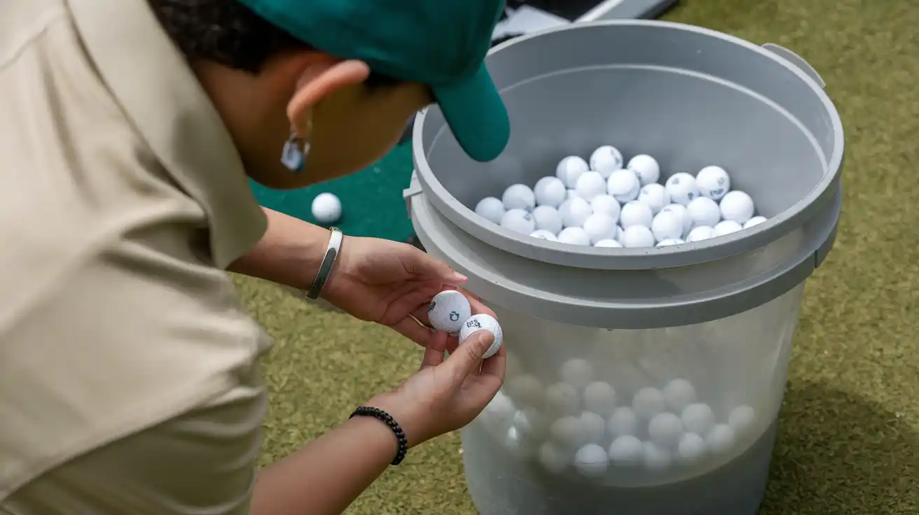 person putting golf balls in 5 gallon bucket